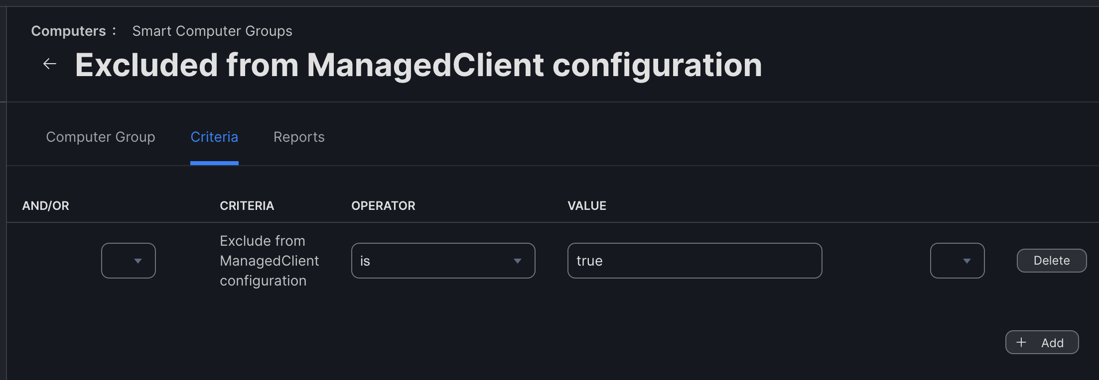 A screenshot of the Jamf Pro console. The criteria for a Smart Group are shown. The only criterion is 'Exclude from ManagedClient configuration' is 'true'